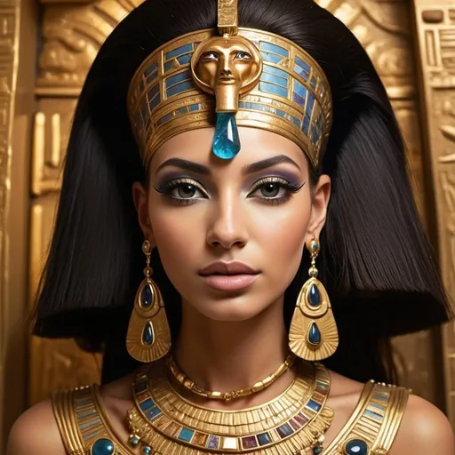 Prompt: Ancient Egyptian royal wearing elaborate jewelry and makeup, luxurious gold and precious gemstones, intricate hieroglyphic engravings, high quality, regal, ancient Egyptian, detailed makeup, opulent jewelry, golden tones, royal lighting, historical, luxurious setting