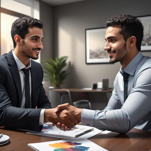 Prompt: Professional meeting between Youssef and potential business partner, modern digital painting, upscale office setting, confident handshake, detailed facial expressions, high quality, modern, professional, detailed textures, focused lighting