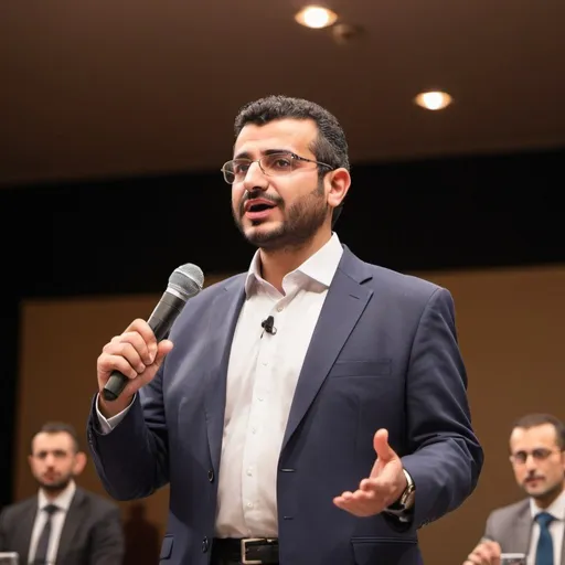 Prompt: Inspiring speech by Youssef at a significant conference, wise and experienced, addressing a large audience, spreading inspiration and knowledge, professional, powerful presence, impactful speech, prestigious event, high-res, professional, realistic, warm lighting, detailed facial expression, confident posture, professional attire