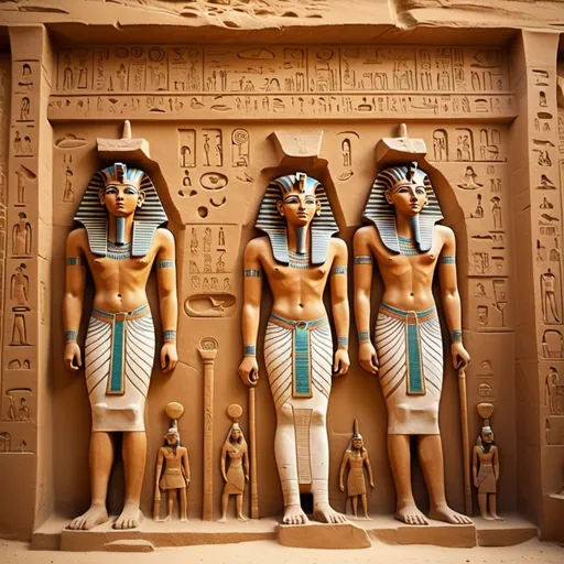 Prompt: Ancient Egyptian art, intricate hieroglyphics, elaborate sculptures, detailed wall paintings, sandstone carvings, warm desert tones, golden sunlight, high quality, historical art, ancient civilization, detailed craftsmanship, professional, realistic lighting