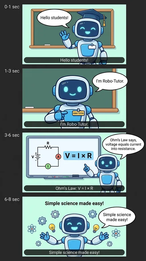 Prompt: Topic: Ohm’s Law (Class 10 Physics)
Duration: 8 seconds
0–1 sec
Voice: “Hello students!”
Subtitle: Hello students!
1–3 sec
Voice: “I’m Robo-Tutor.”
Subtitle: I’m Robo-Tutor.
3–6 sec
Voice: “Ohm’s Law says, voltage equals current into resistance.”
Subtitle: Ohm’s Law: V = I × R
6–8 sec
Voice: “Simple science made easy!”
Subtitle: Simple science made easy!