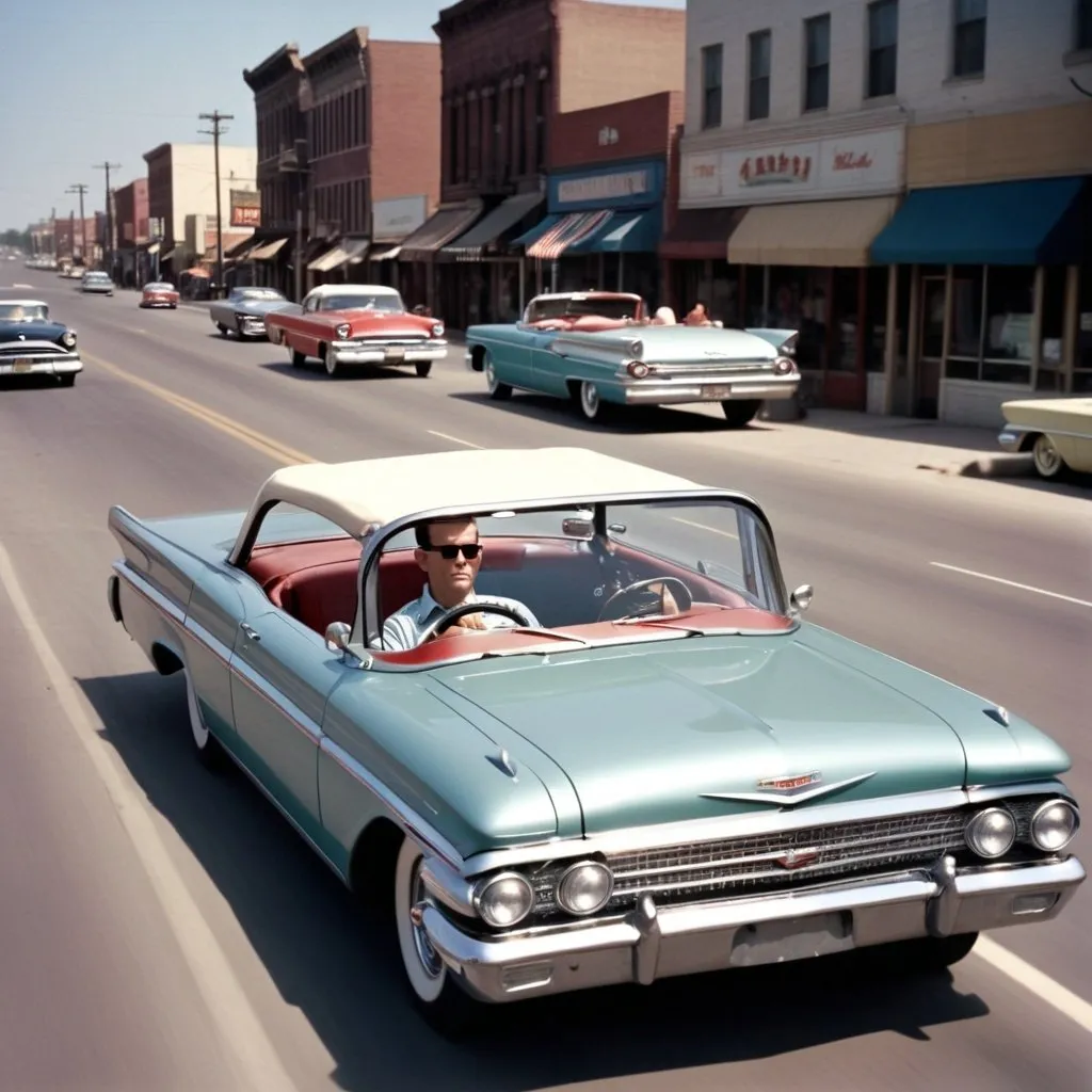 Prompt: photo realistic, cinemati, long shot of a american man driving a closed-top car in 1960,usa
