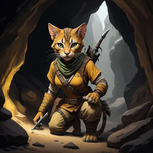Prompt: Female Tabaxi ranger sneaking in a  dark cave
