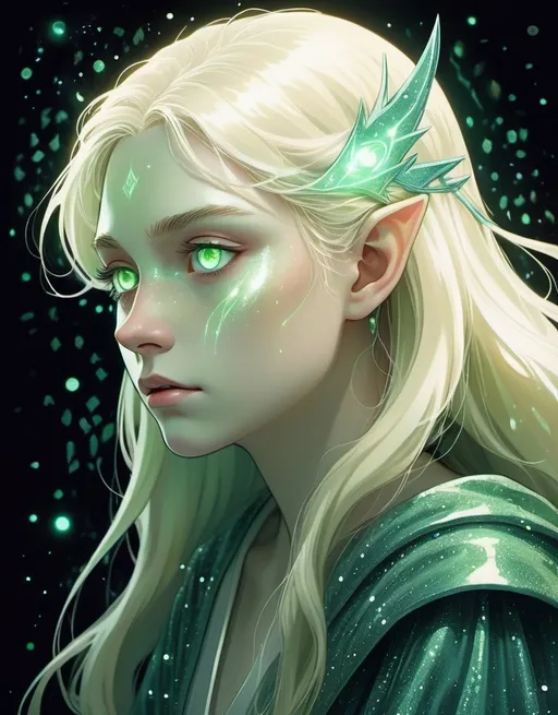 Prompt: An intense image of a beautiful sorceress. beautiful, sorrow, with a pale green cloak and flowing light blonde hair, fancy, glowing white eyes, possessed white eyes, iridescent skin, iridescent lighting, misleading look of innocence, fancy covered in sparkles and shimmering, beautiful side profile, handsome, magical portrait, beautifully lit, bleak, studio ghibli, intricate calligraphy purple smoke ink, glowing glittery magical swirls 