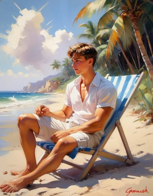 Prompt: (Garmash style), vibrant color scheme, serene beach setting, Garmash, a young man, sunbathing, relaxed posture, light summer clothing, soft sand beneath, gentle waves lapping, bright sunlight creating warm shadows, lush tropical plants in the background, ultra-detailed, inviting ambiance, cheerful atmosphere, perfect for a rejuvenating summer day.