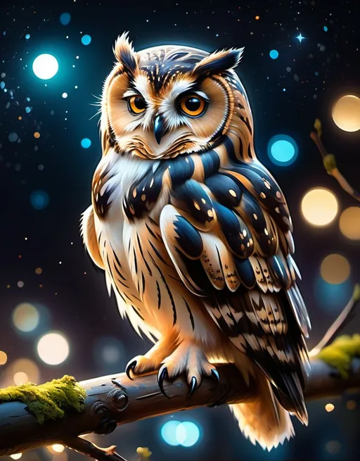 Prompt: Garmash  art glossy Owl perched on a branch at night with stars in the back bokeh

