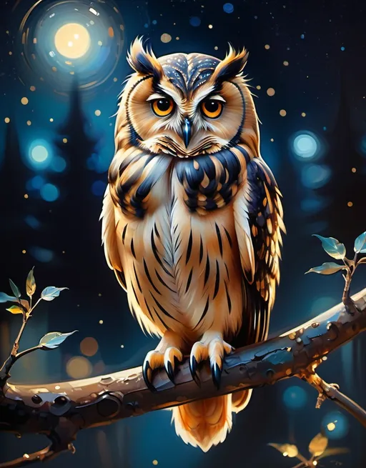 Prompt: Garmash  art glossy Owl perched on a branch at night with stars in the back bokeh

