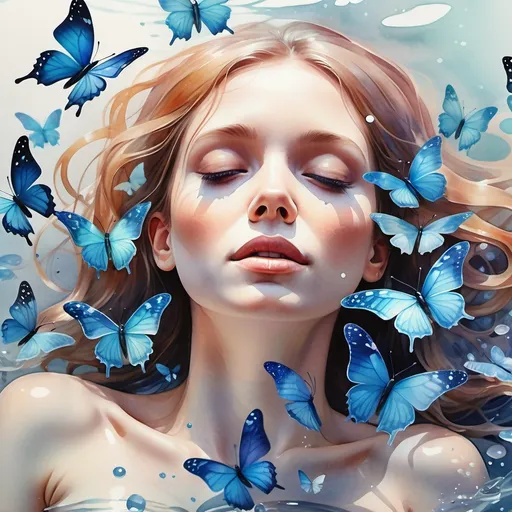 Prompt: watercolor Close-up, dynamic, dreamy, peaceful, Thousand of glass butterflies huddled around a female body, laying in water, holographic hue,  Harrison. high quality