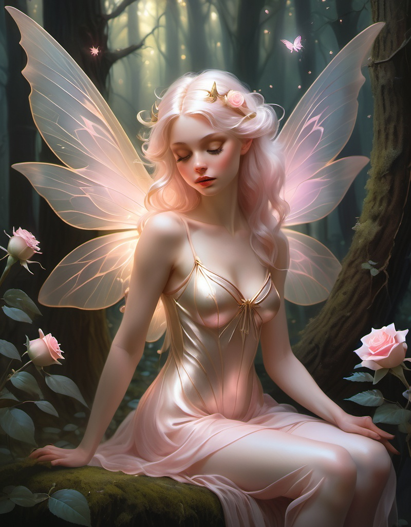 Prompt: In a forest where magical creatures play, A magical fairy sits close up, bright as day, Her wings, like whispers, soft and clear, In Sabbas Apterus’s brush, she draws near. She outstretches in a dynamic pose, Around her is a pale pink rose. Her hair, like threads of starlit gold, A tale of wonder, graceful and bold, Malcolm Liepke’s strokes, warm and alive, She moves in colors that seem to thrive.