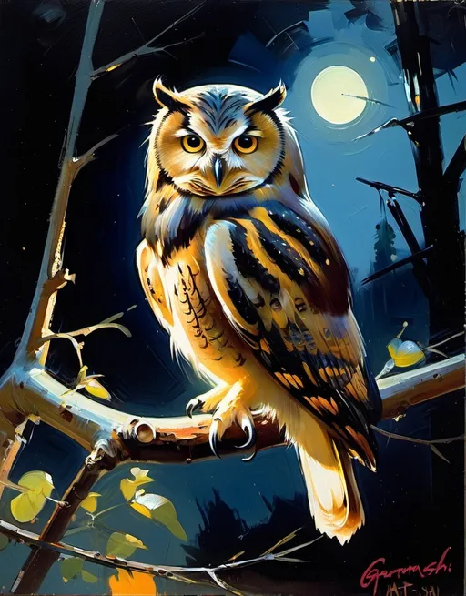 Prompt: Garmash  art glossy Owl perched on a branch at night/

