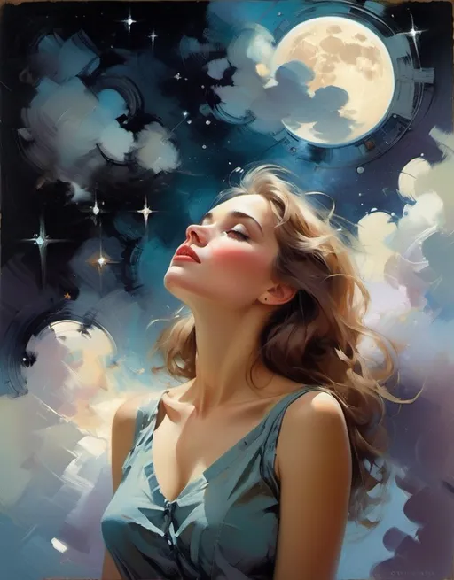 Prompt: Garmash woman looking up at the stars Vintage; dreamy clouds dreaming; surreal dreamscape night sky; stars and moon; surreal paperback illustration;  
