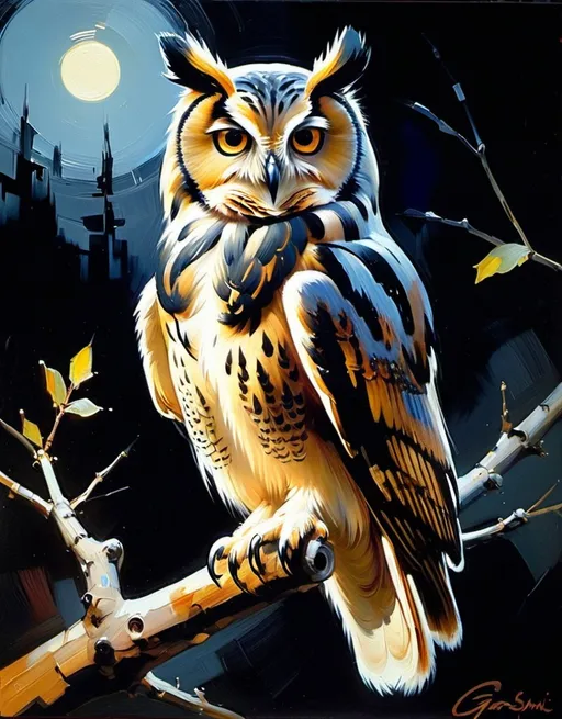 Prompt: Garmash  art glossy Owl perched on a branch at night/

