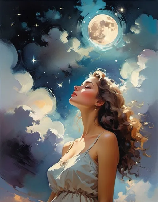 Prompt: Garmash woman looking up at the stars Vintage; dreamy clouds dreaming; surreal dreamscape night sky; stars and moon; surreal paperback illustration;  
