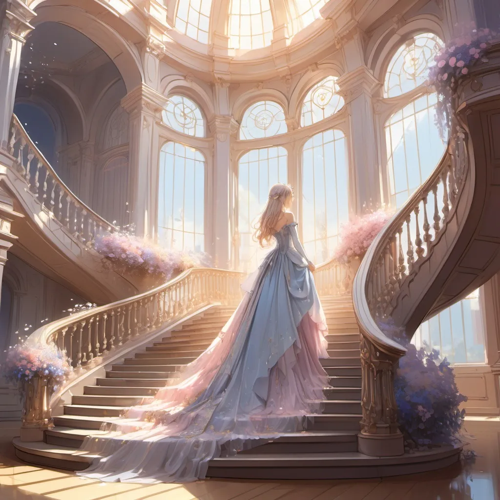 Prompt: Pixiv lineart interior of a mysterious castle circular ballroom with a high ceiling, railing covered in flowers dripping down, muted pink colors, pastel blue, pastel lilac colors, stunning golden sunlight god rays, back view of a beautiful princess long flowing dress ascending a staircase, long floral veil, gerhartz, dazzling reflected light, iridescent, fantasy, beautiful silver sunlight, dreamy, glitter,detailed, dynamic lighting, dynamic composition, brilliant sky, 
