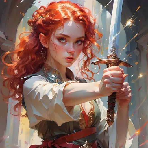 Prompt: Watercolour, garmash, swordswoman, elf, red hair, curly, holding a sword, dynamic pose, wonderful, pixiv art, sparkling glitter everywhere, gouache, art by gerhartz, guweiz, wlop, ilya kushnikov, krenz crushart, beautiful, gouache, beautiful background, glass skin, glitter, sparkles, nice lighting, detailed, Rossdraws, 4k. detailed, dark room, side profile, looking at camera, glitter everywhere.Griffiths, guweiz, Giger, glittery motif, big chunky glitter, glitter everywhere, color contrast, glitter party motif. Highly detailed, correct anatomy,

