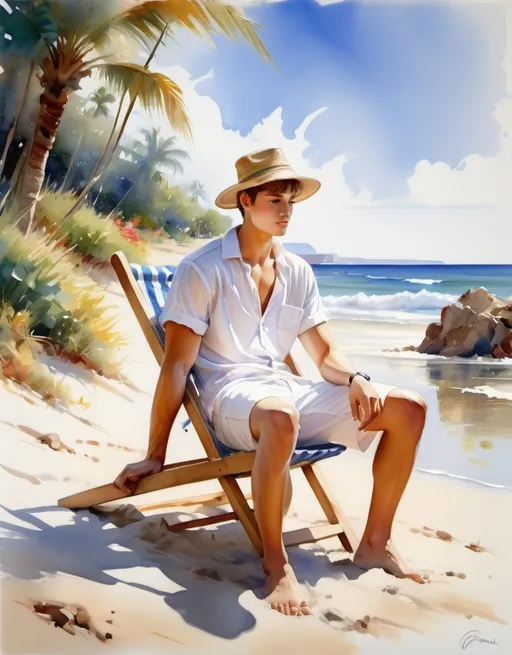 Prompt: (watercolor style), vibrant color scheme, serene beach setting, Garmash, a young man, sunbathing, relaxed posture, light summer clothing, soft sand beneath, gentle waves lapping, bright sunlight creating warm shadows, lush tropical plants in the background, ultra-detailed, inviting ambiance, cheerful atmosphere, perfect for a rejuvenating summer day.