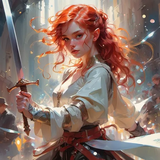 Prompt: Watercolour, garmash, swordswoman, elf, red hair, curly, holding a sword, dynamic pose, wonderful, pixiv art, sparkling glitter everywhere, gouache, art by gerhartz, guweiz, wlop, ilya kushnikov, krenz crushart, beautiful, gouache, beautiful background, glass skin, glitter, sparkles, nice lighting, detailed, Rossdraws, 4k. detailed, dark room, side profile, looking at camera, glitter everywhere.Griffiths, guweiz, Giger, glittery motif, big chunky glitter, glitter everywhere, color contrast, glitter party motif. Highly detailed, correct anatomy,

