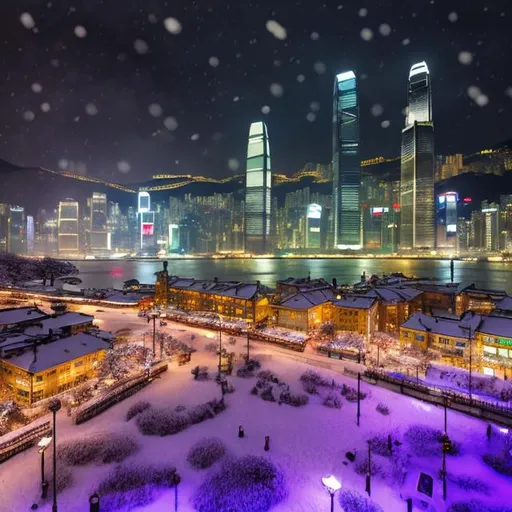 Prompt: Snow-covered Hong Kong harbor landscape with Christmas-decorated skyscrapers, photorealistic, snow falling, 4 cm snow layer, Central and Peak Districts, Tsim Sha Tsui view, Christmas decorations, urban landscape, photorealism, snowy landscape, winter wonderland, holiday decorations, city skyline, high quality, detailed, realistic, snowy cityscape, urban winter scene, festive atmosphere, professional rendering, atmospheric lighting, snowfall, city lights, realistic snow texture, picturesque, detailed buildings, holiday spirit