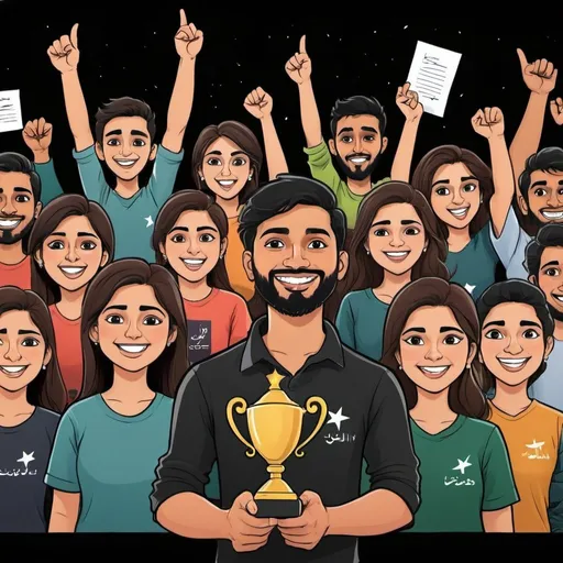 Prompt: Cartoon Characters of Pakistani Youth aged 20-30 years, attending leadership workshop, Image has a writing "Youth Champion Workshop by FAIZAN HASSAN", image has a black background, youth are in excited mode enjoying, have trophies in hands, 