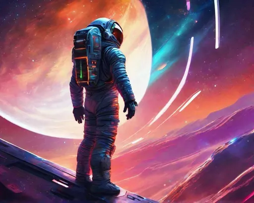Prompt: Man standing on a spaceship, digital painting, futuristic sci-fi setting, astronaut suit with glowing details, stars in the background, vibrant colors, dramatic lighting, high quality, digital painting, sci-fi, futuristic, astronaut suit, space exploration, vibrant colors, dramatic lighting, stars, with the name Folorn Ronin,