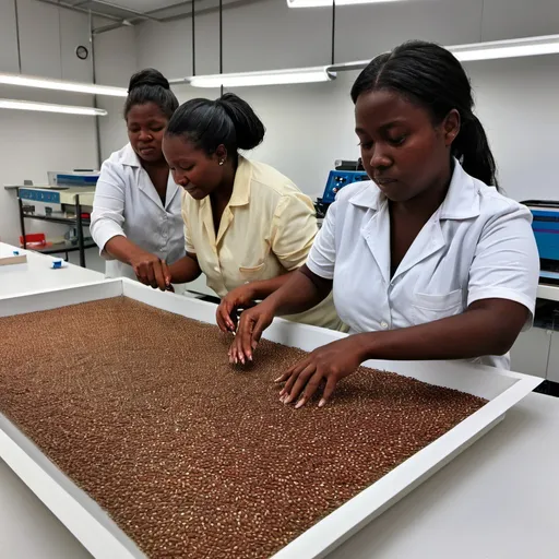 Prompt: The women drying the seed in the lab