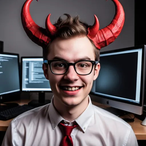 Prompt: Show me a nerdy guy that nobody would like, with glasses and devil horns, in front of a computer