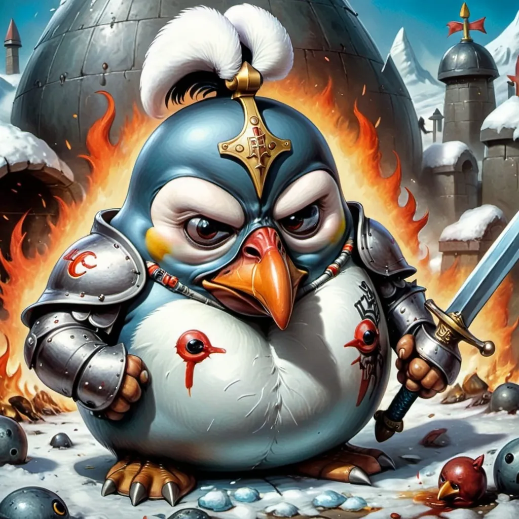 Prompt: a big fat cute sitting ready to war hungry male pingouin going to war with chesplate, only one red burning eye with flamms , the over eye is injured, a sword in the hand , a full armor and HFCR write on  his chesplate and a dshield
he should have corps in the background
HE should be morereallisti

 