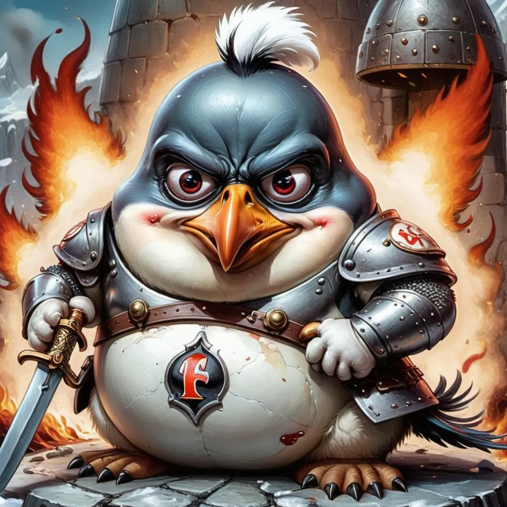 Prompt: a big fat cute sitting ready to war hungry male pingouin going to war with chesplate, only one red burning eye with flamms , the over eye is injured, a sword in the hand , a full armor and HFCR write on  his chesplate and a dshield
he should have corps in the background
HE should be morereallisti

 