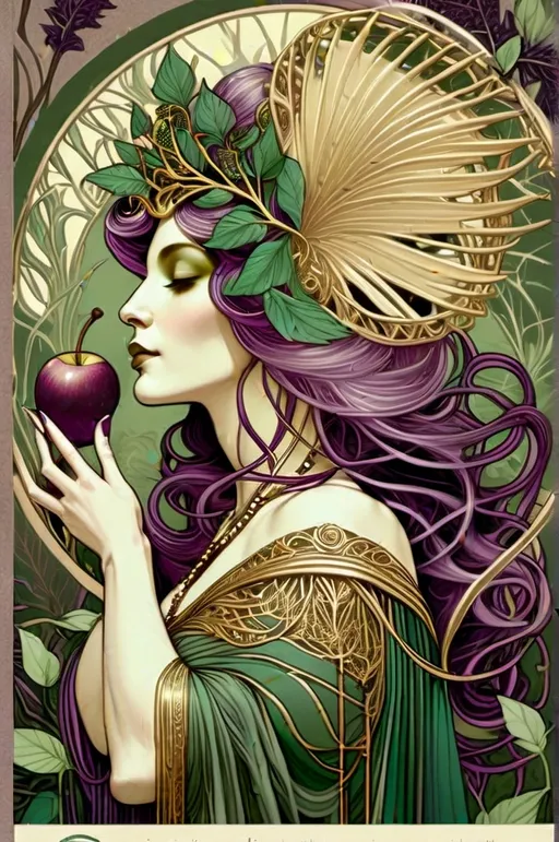 Prompt: Alphonse Mucha Style, art nouveau illustration of a full body woman, thick lines, intricate details, beautiful colors 3. Subject: Forest Enchantress
Colors: Emerald, olive, pthalo green, plum, gold accents
Setting: Enchanted forest, ancient trees
Motifs: Leaves, vines, deer
Hair: messy updo plum colored hair with a detailed golden helmet 
Clothing: Dress of leaves and vine bracelets
Pose: profile eating an apple
Composition: Golden circle backdrop sinewy leaf border Alphonse Mucha, traditional Art Nouveau poster, full image, zoomed out, white space around image, 2:3 ratio, ornate border, symmetrical design, flowing lines, organic shapes, decorative intricate details, elongated figures​​​​​​​​​​​​​​​​ plenty of white space around image 
