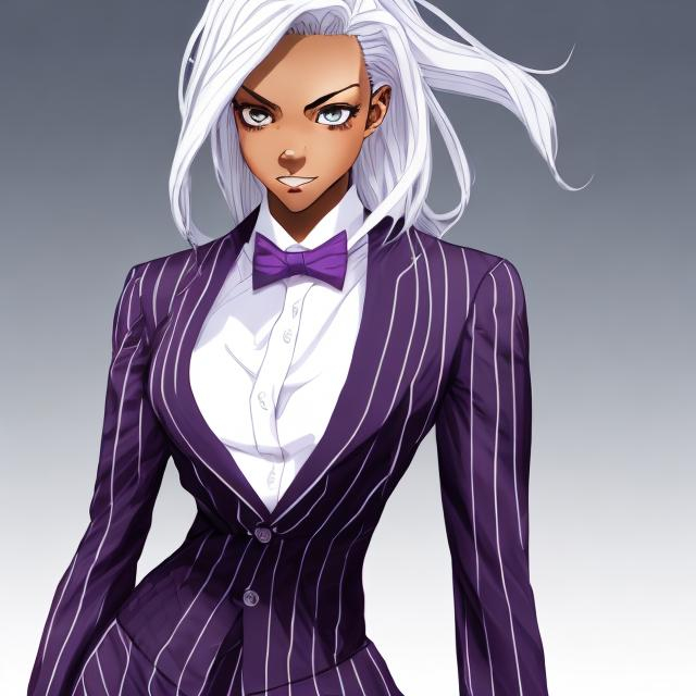 Prompt: anime, woman, dark skin, white hair, blue eyes, purple pinstripe suit