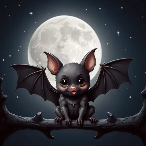 Prompt: a cute bat at night time with a moon art 