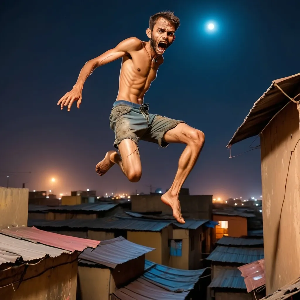 Prompt: in night oiled horrifying 
man in shorts jumping around roofs on slums in karachi, pakistan. terrifying image. blades in hand like wolvarine
 
