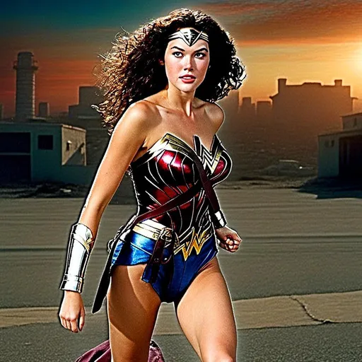 Prompt: Photorealistic picture of <mymodel> as wonder woman, vibrant colors, detailed attire with metallic accents, long boots, brown legs, heroic stance, realistic facial features, high quality, 70s street background, photorealism, vibrant colors, metallic accents, heroic stance, vintage, detailed facial features, cheeky smile 