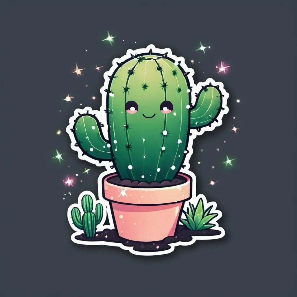 Prompt: I want a logo for my discord server. My name is Emy. i'm clumsy and chaotic. I would like a little bit of pic, and green. i want sparkles and glitter. I like plants and cactus