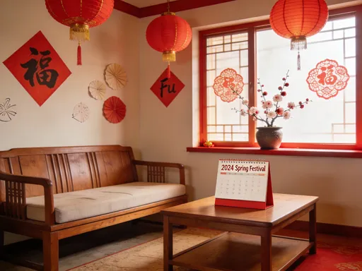 Prompt: A SIMPLE CHINESE LIVING ROOM SETUP JUST BEFORE CHINESE SPRING FESTIVAL
