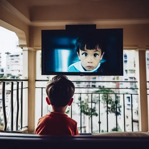 Prompt: A young boy is watching tv at the balcony.