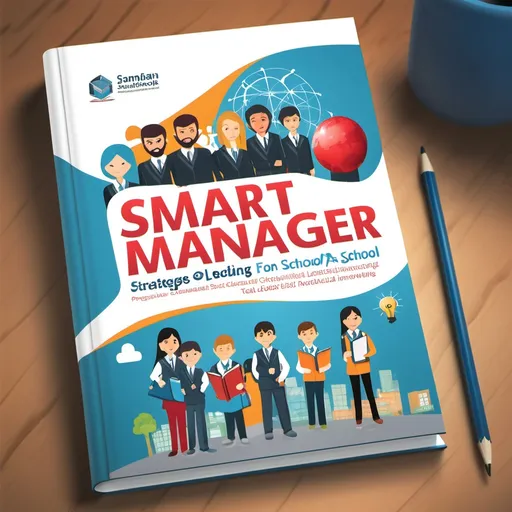 Prompt: "Create a book cover design for a book titled 'Smart Manager of Smart School: Strategies for a Leading School'. The cover should incorporate Iranian cultural elements, highlighting characteristics of a progressive school. Feature a modern educational environment, with students and teachers engaged in innovative learning methods. Include imagery that symbolizes advancement and leadership in education. Please do not include any text on the cover, as I will add it in Persian later. Additionally, leave space for my own photo on the cover. The design should also accommodate the right-to-left orientation typical of Persian books. The overall design should convey a sense of progress and inspiration."