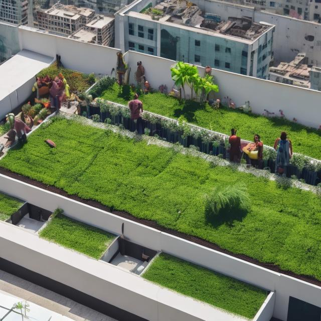 Prompt: Green Rooftop view with people in it happy and watering the plants
