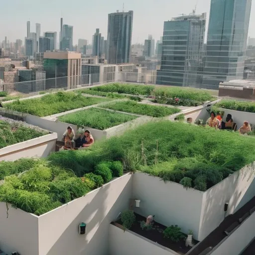 Prompt: Green Rooftop view with people in it happy and watering the plants
