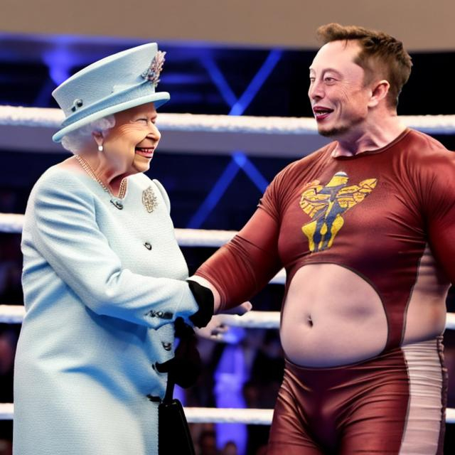 Prompt: queen elizabeth body slams elon musk in a wrestling arena.