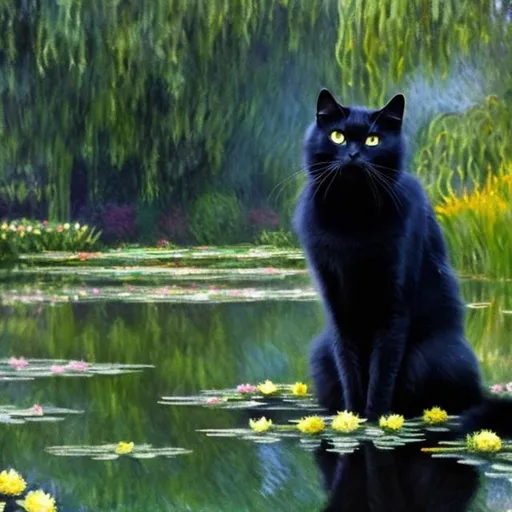 Prompt: At the edge of a pond, a fluffy black cat with yellow-green eyes sits in a monet art style