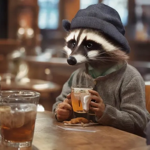 Prompt: a posh raccoon wearing a beanie dines at a pub in london