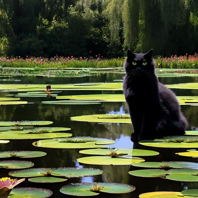 Prompt: A fluffy black cat with yellow-green eyes is sitting at the edge of a monet style lily pad pool