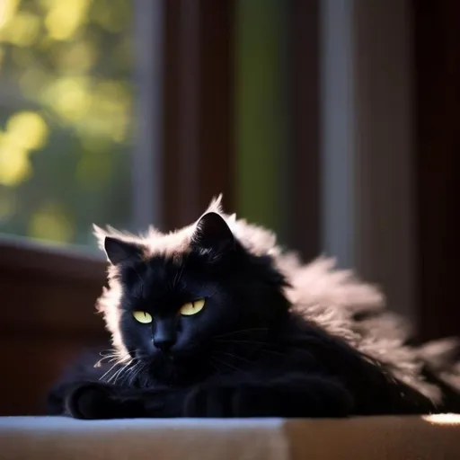 Prompt:  a fluffy black cat sleeps in a sunbeam