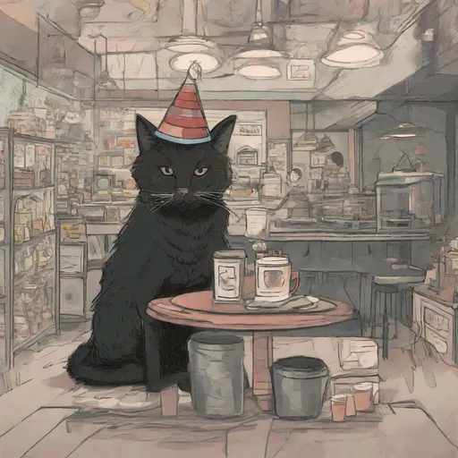 Prompt: a black cat wearing a party hat types his memoir while smoking a cigarette at a coffee shop