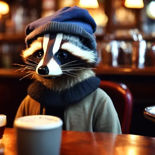 Prompt: a posh raccoon wearing a beanie dines at a pub in london