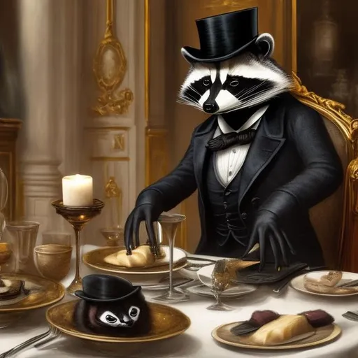 Prompt: a genteel raccoon wearing a top hat dines at an upscale restaurant in paris