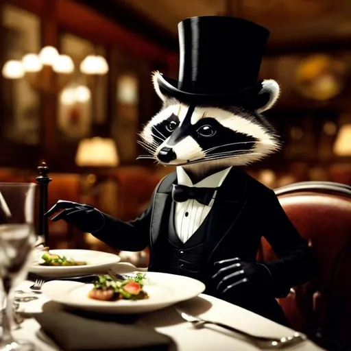 Prompt: a genteel raccoon wearing a top hat dines at an upscale restaurant