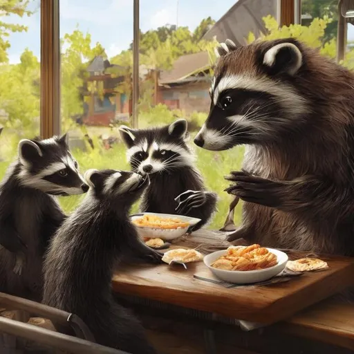 Prompt: a raccoon, a badger, and a fox share a meal in a mcdonalds