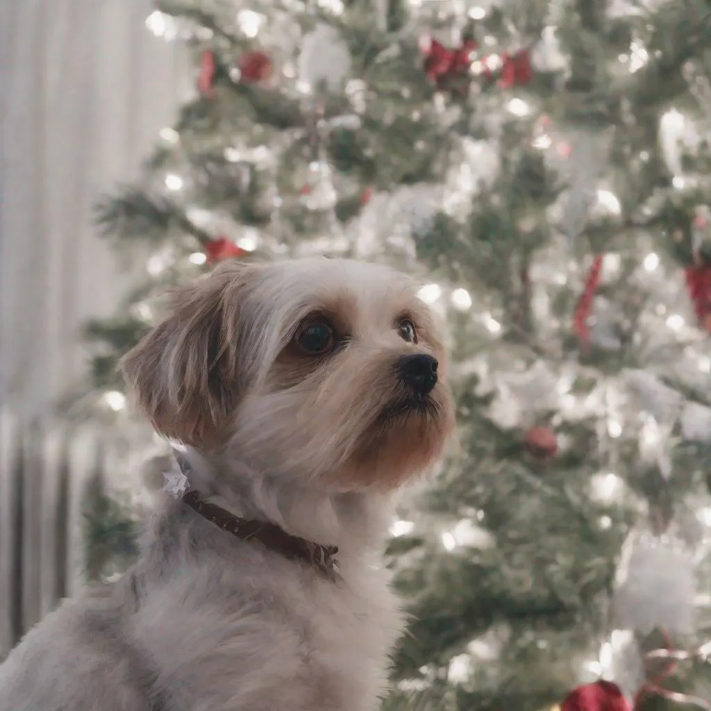 Prompt: A small dog with huge eyebrows admires a christmas tree